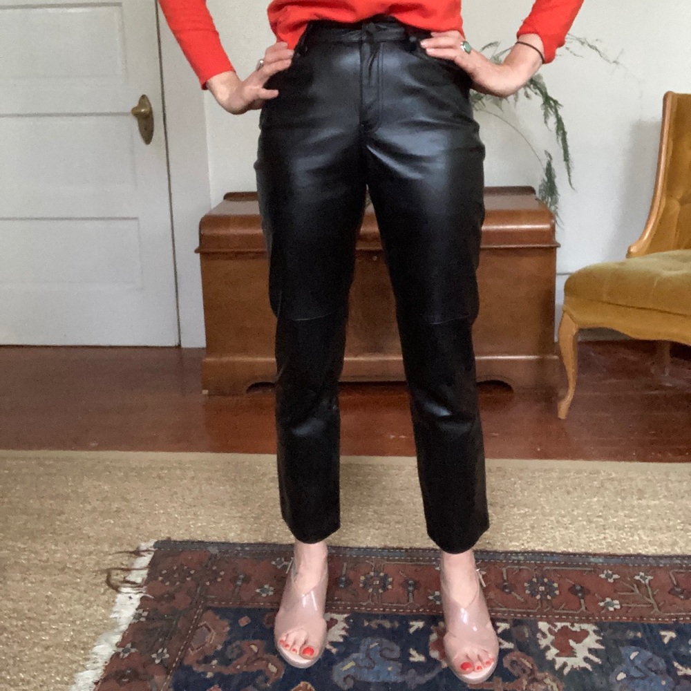 MNG black faux leather cropped pants